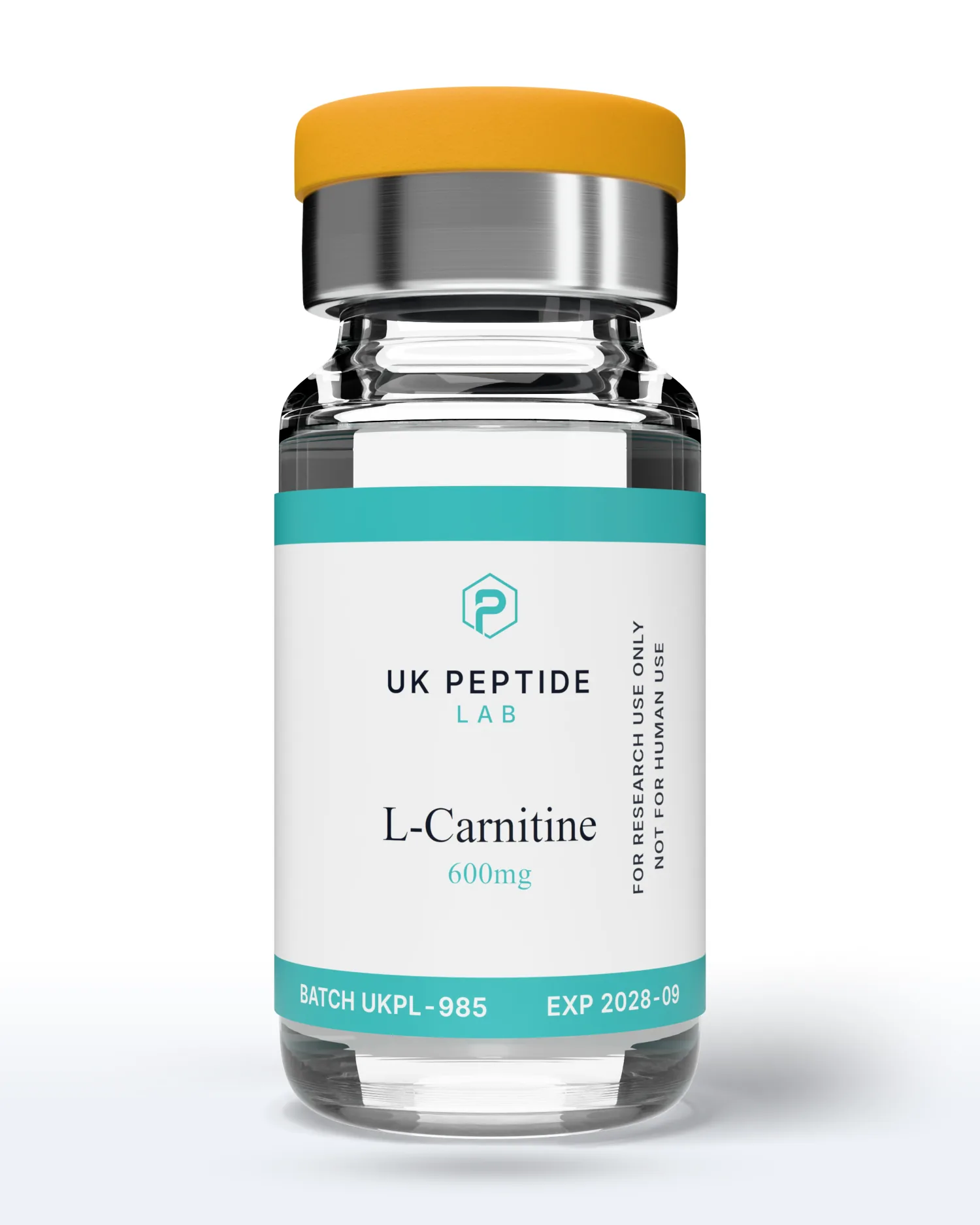 L-Carnitine 600mg/ml solution in a 10ml vial for laboratory research